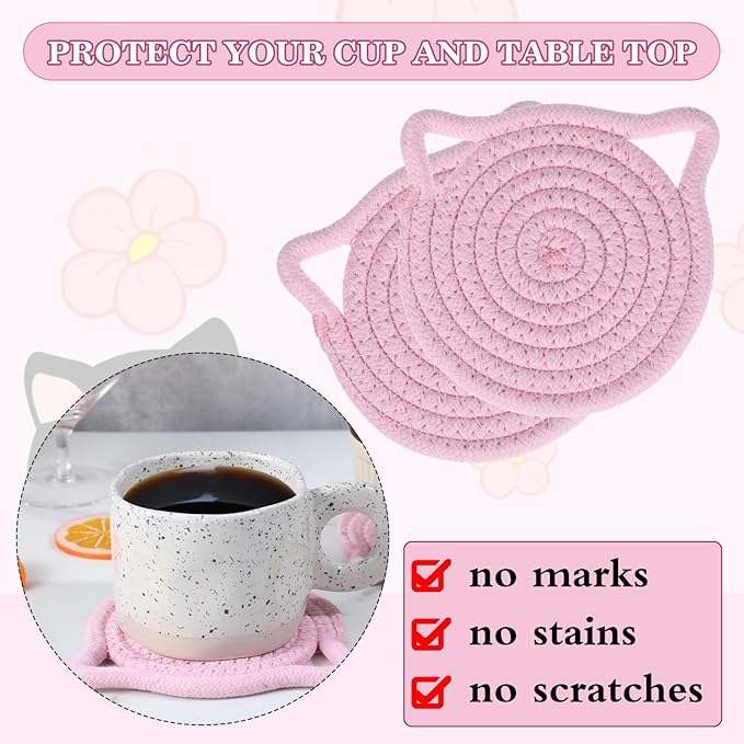 2Pcs Pink Cute Coasters for Desk, Cat Ear Shaped Coasters for Office Hot Tea Drink Juice, Handmade Fabric Table Protect Wooden Table Coffee Bar Decor