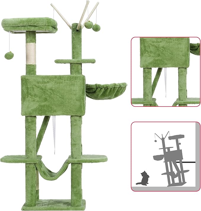Hey-brother Cat Tree, 53 inch Cat Tower for Indoor Cats, Cat House with Padded Platform Bed, Toy Balls, Large Cozy Condo, Hammocks and Sisal Scratching Posts, Green MPJ019-SGR