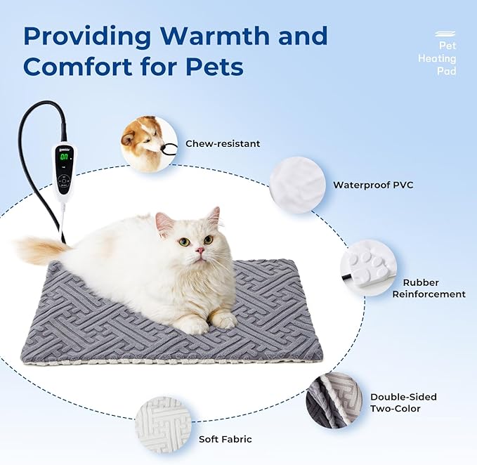 Pet Heating Pad - 11 Adjustable Temperature and 25 Timer Options, Heated Cat Bed Indoor Waterproof with Chew-Resistant Cord for Small Dogs, 18x18 Inch