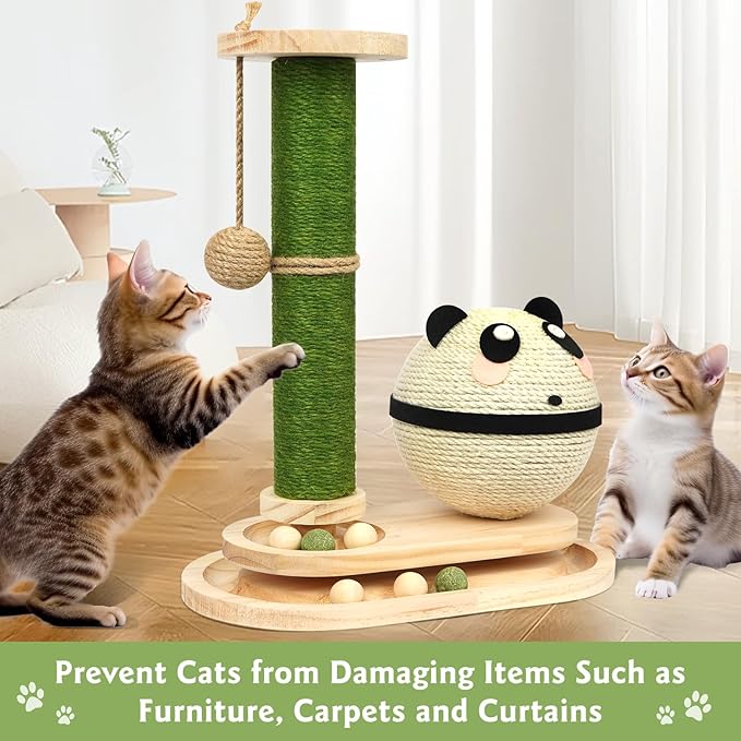 Cat Scratching Post, Panda Cat Grabs Sisal Ball Kitten Toys for Indoor Cats Wooden Ball Track Two-Layer Modern Sisal Cat Tree Tower Scratch Post Interactive Toy with Dangling Ball