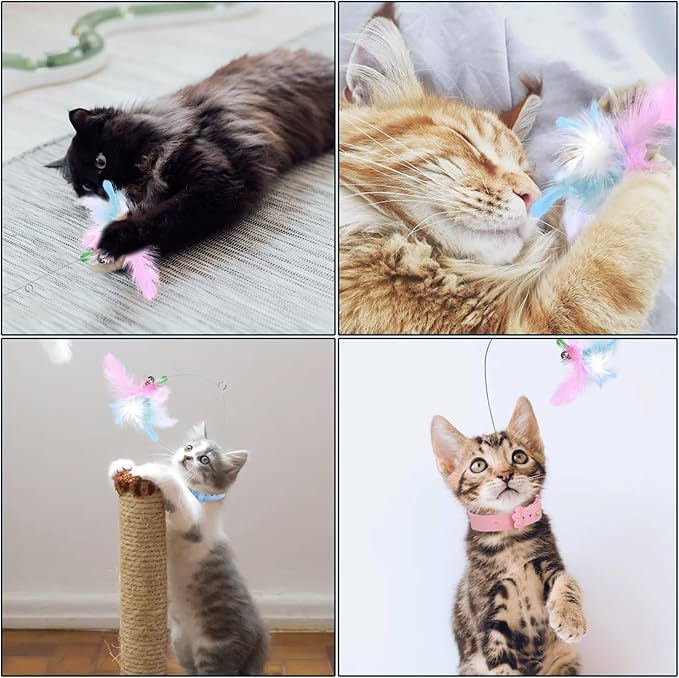 2pcs Cat Collar Toys, Silicone Feather Cat Teasing Wands with Neck Collar Adjustable Cat Wand Toys with Bell Cat Interactive Teaser Toys for Indoor Cat Playing Training