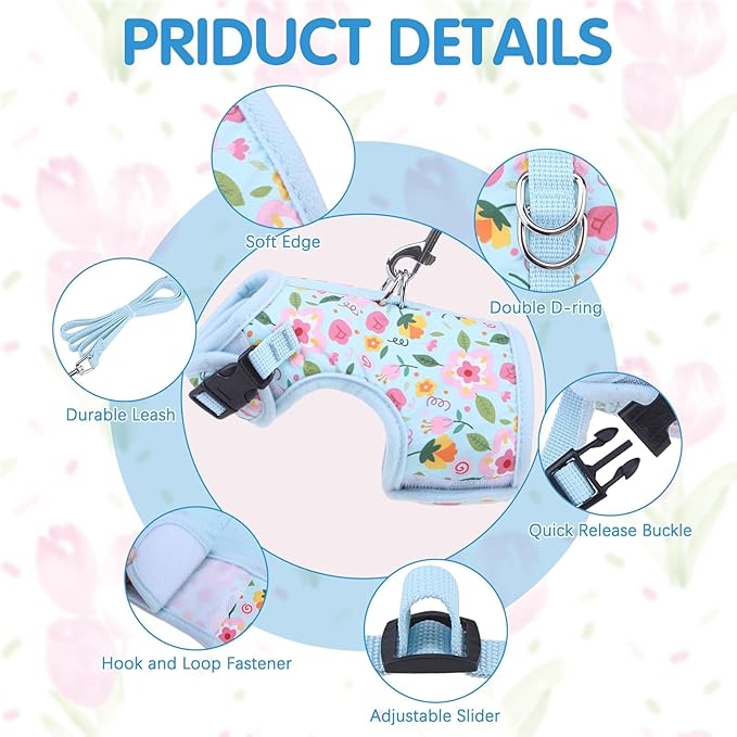 BINGPET Cat Harness and Leash Set Escape Proof for Walking,Step-in Harness with Lightweight Soft Breathable Mesh,Adjustable Easy Control Harness for Kitten Puppy Small Medium Large Cats(Flower,L)