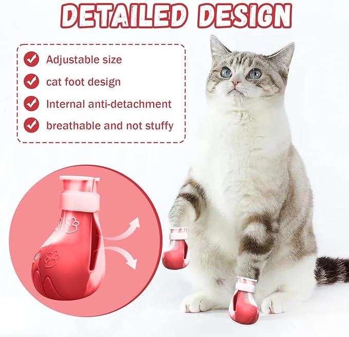 4 Pcs Cat Boots for Cats Only Cat Claw Covers Silicon Cat Mittens to Prevent Scratching Cat Booties for Bathing Nail Clipping Barbering Treatment (Red&White)