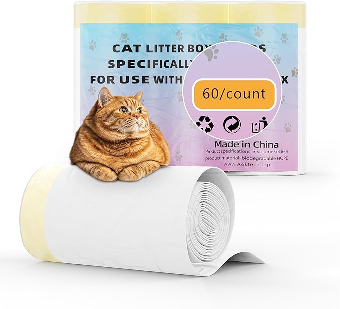 60 Count Cat Litter Box Liners, 2.5Mils Thick Cat Litter Bags - Self-Cleaning Cat Litter Box Replacement Liners with Drawstring, Heavy Duty - 26" x 16", Compatible with Self-Cleaning Cat Litter Box