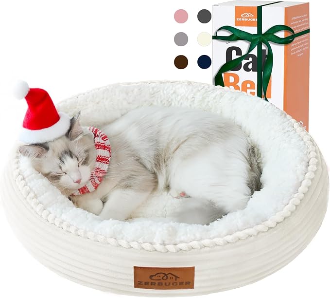 20in Cream Round Cat Dog Bed Gift for Large Medium Small Dogs Cats, Machine Washable Sleeping Sofa, Non-Slip Bottom Breathable Soft Calming Pet Cuddler for Indoor/Outdoor/Car/Cage