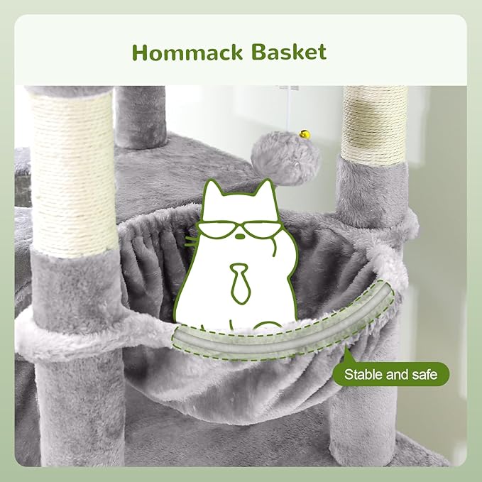 S72 Heavy Duty Cat Trees for Large Cats, Sturdy 72in Maine Coon Cat Tree for Large Cats 20 lbs+ Heavy Duty Cat Tower for Adult Biggest Cats with 6 Scratching Posts, Hammock, Light Grey