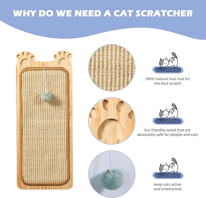 Wall Mounted Cat Scratcher, Cat Wall Scratching Post, Sisal Cat Wall Scratcher with Cat Ball Toy, Wood Cat Scratching Board for Indoor, Cat Wall Furniture Scratch, Cat Wall Scratcher