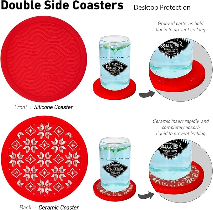 6-Pack Silicone Coasters with Deep Tray Holder, Double-Sided Drink Coasters, Christmas Decorations