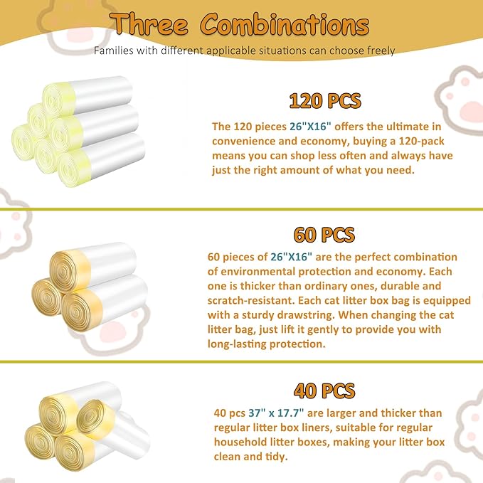 40 Drawstring Litter Box Liners Large, 37" x 17.7" 2.5MIL Extra Thick Jumbo Kitty Litter Pan Bags Heavy Duty, 30 Lbs Load Capacity, Use for Large Litter Boxes