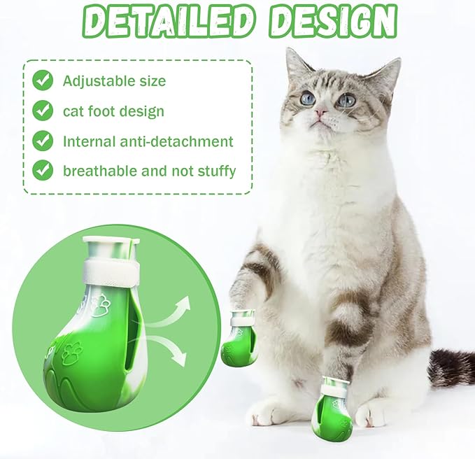 4 Pcs Cat Boots for Cats Only Cat Claw Covers Silicon Cat Mittens to Prevent Scratching Cat Booties for Bathing Nail Clipping Barbering Treatment (Green&White)