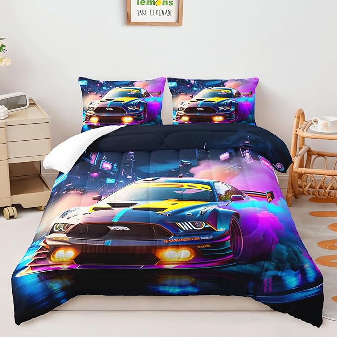 AILONEN Boys Kids Racing Car Bedding Set Twin Size,Neon City Speed Car Themed Soft Comforter with 2 Pillowcases for Room Decor,3 Pieces