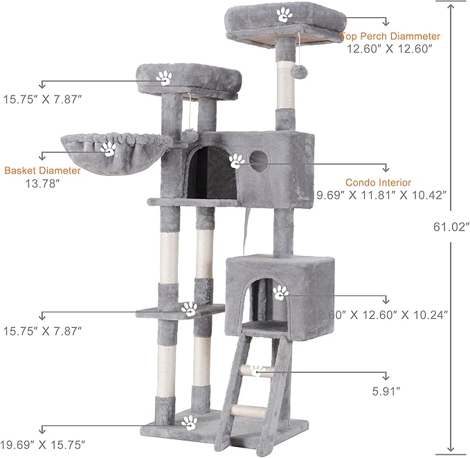 Heybly Cat Tree, Cat Tower for Indoor Cats,Multi-Level Cat Furniture Condo for Large Cats with 2 Padded Plush Perch, Cozy Basket and Scratching Posts HCT023W