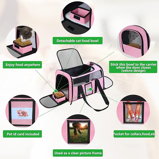 20" Large Cat Carrier Soft Sided Carrier for Cats Under 25 lbs, Folding Dog Carrier 20" Carrier for 2 Cats Travel Carrier -Large- Pink