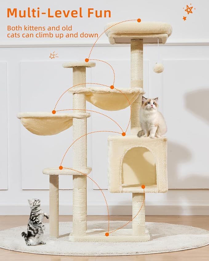 Taoqimiao Cat Tree, 48-Inch Cat Tower for Kittens, Cat Tree Tower with 5 Scratching Posts, Plush Cat Condo with Plush Perch, 2 Hammock, Pompoms, Light Gray MS019L-M