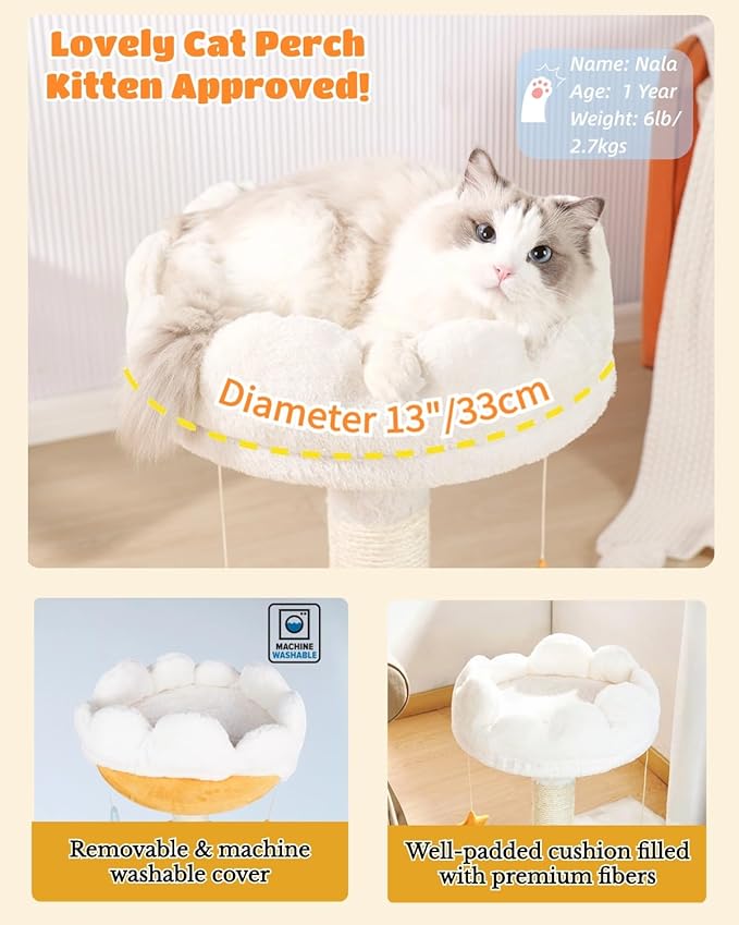 Happi N Pets Cloud Cat Tree, Cat Scratching Post with Bed, Cat Tree Tower for Indoor Cats, Sisal Cat Scratcher with Soft Perch for Kitten & Adult Cats, Small Cat Tower with Toys, Cat Scratch Post