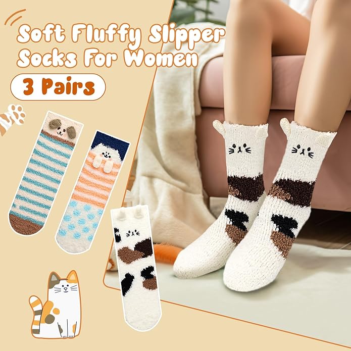 3-6 Pairs Womens Fuzzy Socks Cozy Fluffy Slipper Socks Cute Soft Cat Animal Winter Warm Sleep Socks Gifts