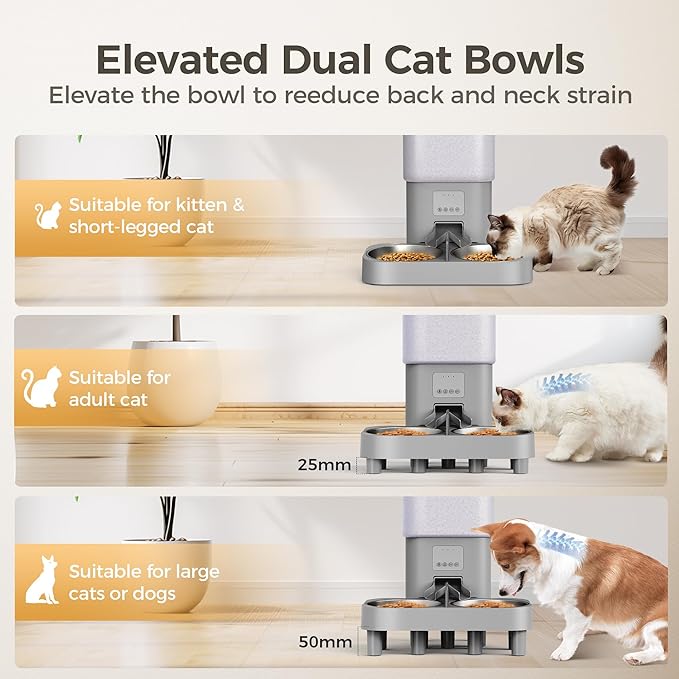 Automatic Cat Feeder, WiFi Cat Food Dispenser with APP Control for 2 Cats & Dogs, 6L Elevated Timed Cat Feeder Programmable 1-10 Meals,10s Meal Call,Dual Power Supply, 2 Stainless Bowls