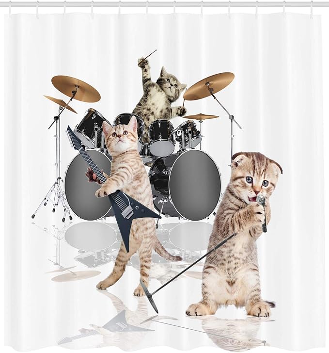 Ambesonne Animal Shower Curtain, Cool Hard Rocker Band of Kittens Singer Guitarist Cats Art Print, Cloth Fabric Bathroom Decor Set with Hooks, 69" W x 84" L, White Charcoal Grey Multicolor