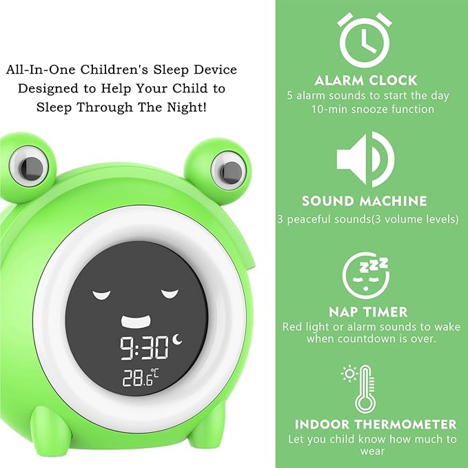 Alarm Clock for Kids Sleep Training Clock with Night Light, Sound Machine, Nap Timer, Snooze, 12/24H, Cute Bedside Clock for Toddlers Girls Boys, Birthday Gift