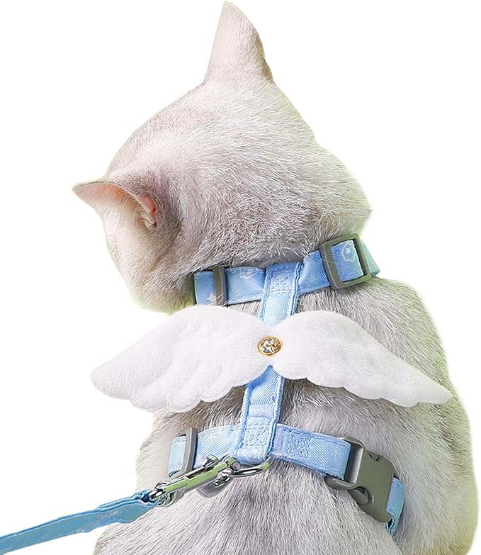 Cat Harness and Leash Set White Wing for Outdoor Travel Walking Escape Proof Soft Safe Adjustable Kitten Puppy Small Strap Angel Style, Blue
