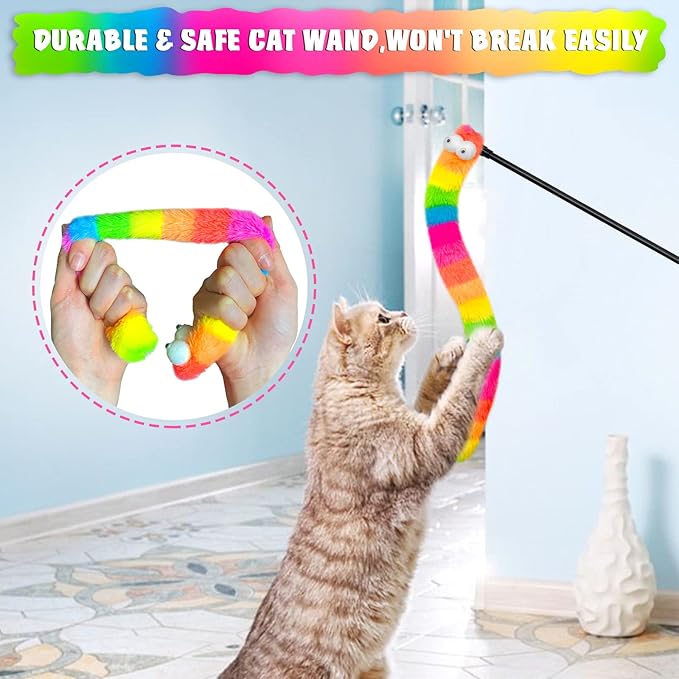 3 Pack Cat Wand Toy, Rainbow Cat Feather Toys with Bells, Cat Teaser Wand with Soft Furry Tail, Interactive Cat Toys for Indoor Cats & Kitten & Kitty