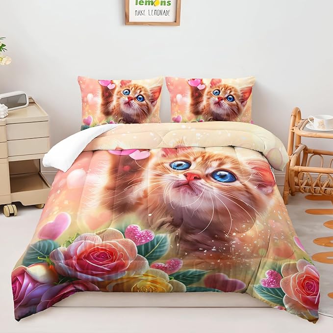 AILONEN Cat Comforter Set Full Size,Watercolor Cat Bedding for Girls, Cute Cartoon Kitten Bedding Pink Flower Cat Twin Comforter Sets for Kids,1 Comforter+ 2 Pillowcase-3 Pieces