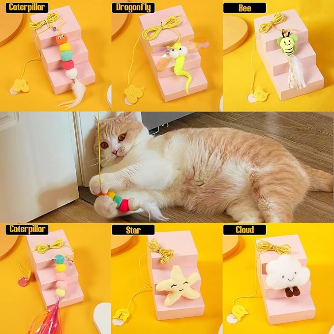 AYWVRBST 6Pcs Retractable Cat Toy with Bell, Hanging Interactive Cat Toy 6 Different Pieces, Cat Chase Practice, Indoor Cat Self-Play Toy, Cat Teaser Toy with Adhesive Hooks