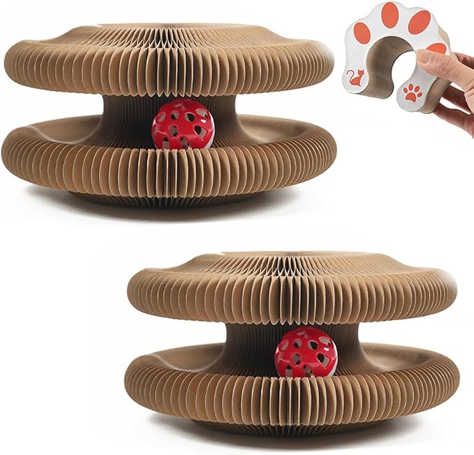 Magic Organ Cat Scratching Board, Interactive Scratch Pad with a Ball, Cat Scratcher for Grinding Claw, Recyclable and Durable, Furniture Protector, Retractable, Reversible (Round - 2 Pack)