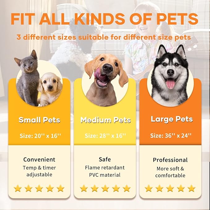 Outdoor Pet Heating Pad for Cats Dogs,Upgraded 6 Levels Adjustable Temp Cat Heating Pad with Timer,Electric Cat Heated Pad Mat for Dog Cat House,Waterproof Heat Pet Cat Bed with 6.69ft Chew Proof Cord