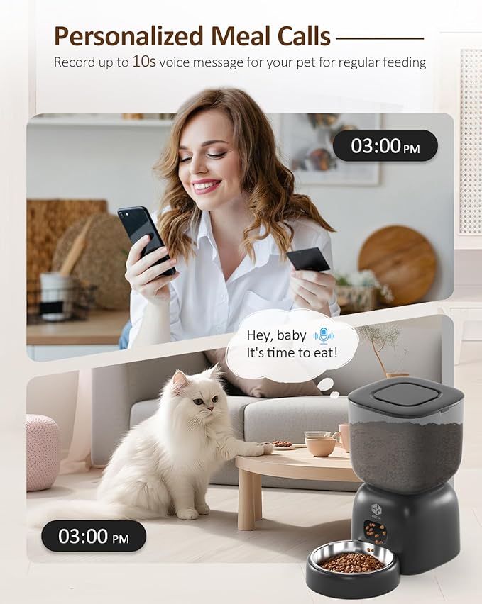 Automatic Cat Feeder with 3L Dry Cat Food Dispenser and 2L Water Fountain, Timed Feeder Dog with Portion Control and Daily Meals, Wire/Battery Automatic Feeders Black