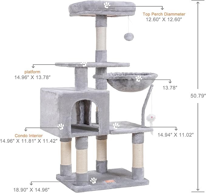 Heybly Cat Tree with Toy, Cat Tower condo for Indoor Cats, Cat House with Padded Plush Perch, Cozy Hammock and Sisal Scratching Posts, Light Gray HCT004W
