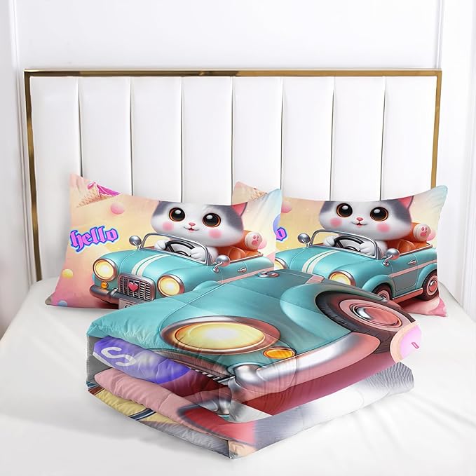 AILONEN Cute Cartoon Cat Comforter Set Twin Size for Kids Girls,Cat Racer Kawaii Rainbow Bedding Set,Funny Cat Kitten Comforter with 2 Pillowcases,3 Pieces for Bedroom