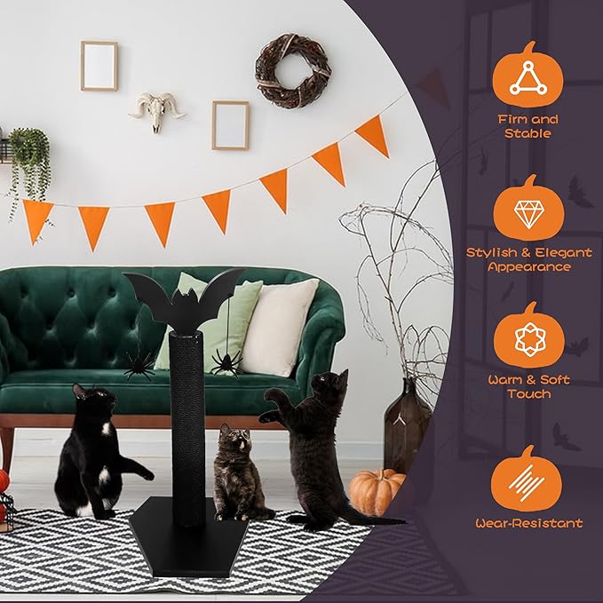 ROYALAY Gothic Cat Scratching Post with 2 Spiders Dangling Toys, Halloween Kitten Furniture for Cats Stuff, Black Halloween Cat Scratcher, Demon Styled Cat Tree for Halloween Decor