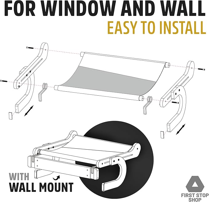 Cat Window Perch with Comfortable Bedding - Cat Perch for Window & Wall - Easy to Install Wooden Cat Window Hammock - Window Cat Perch for Small & Large Cats (Yellow & Beige)