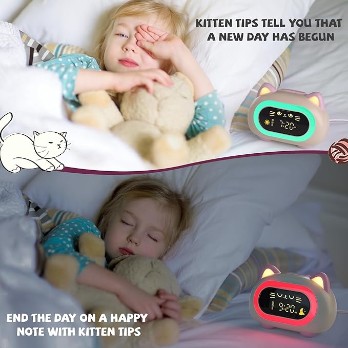 Alarm Clock for Kids, Sleep Training Clock for Girls With Dual Alarm, Eye Protection, Auto Off Timer, 10 Color Night Light, Cat Ok to Wake Clock