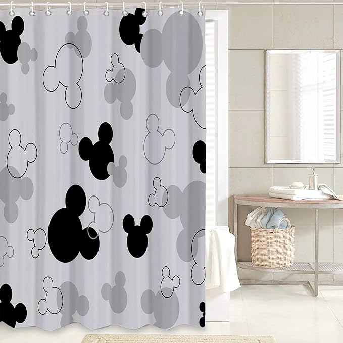 4 Pcs Black and Gray Mouse Bathroom Set - Includes Shower Curtain, Toilet Lid Cover, Contour Rug & Bath Mat - Waterproof Polyester Fabric, Non-Slip Backing - Gray Black Cartoon Design