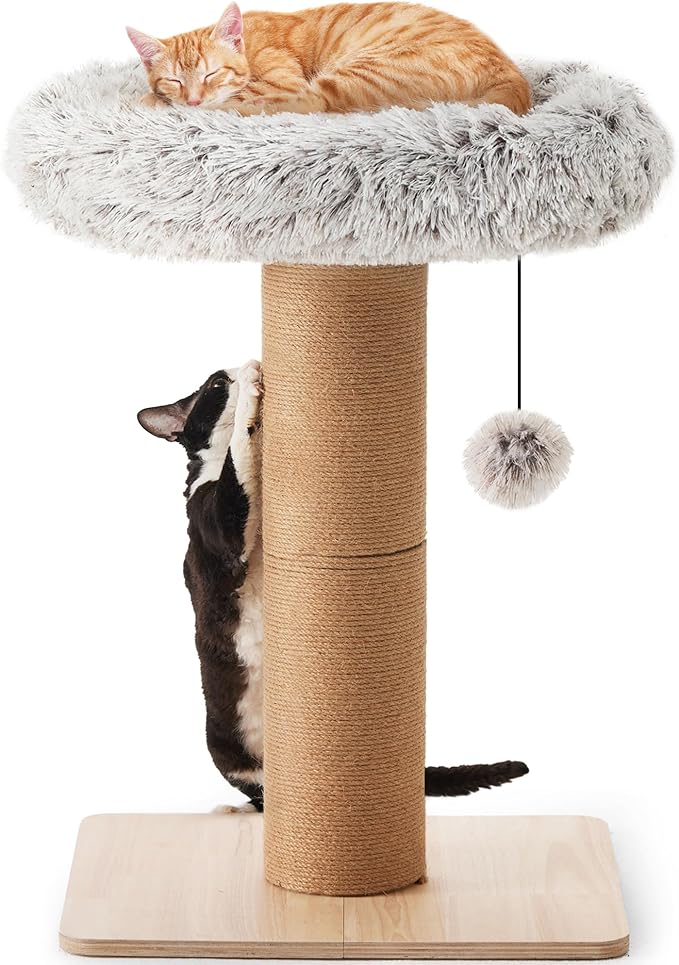 FUKUMARU Cat Scratching Post, 28 Inch Tall Scratcher with Cat Perch for Indoor Adult Cats, 5.5 Inch Width Small Cat Tree with Bed, Cat Tower Furniture for Kittens and Large Cats