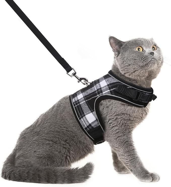 PUPTECK Soft Mesh Cat Vest Harness and Leash Set Puppy Padded Pet Harnesses Escape Proof for Cats Small Dogs Rabbits Bunny, Plaid Black, M