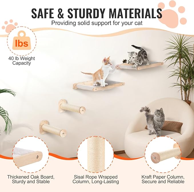 VEVOR Wall Mounted Cat Shelves, Cat Wall Shelves and Perches with Jumping Posts & Hammocks, Cat Furniture Set up to 40 lbs, Removable & Washable Coral Fleece for Sleeping, Playing, Climbing, Set of 4