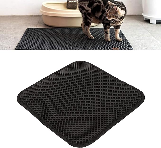 ASHATA Cat Litter Mat, Double Layer Design Urine Proof Trapper Mat for Litter Boxes, Double Layer EVA Litter Trapping Mat for Kitten, Easy to Clean Scatter Control (Black)