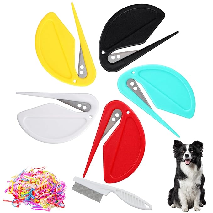 5PCS Pet Knotting Comb + 1PCS Grooming Comb, Pet Hair Grooming Tool for Pets, Knotting Comb for Dog & Cat, Pet Dematting Comb for Dogs and Cats, Attached 760PCS Mini Color Elastic Hair Ties