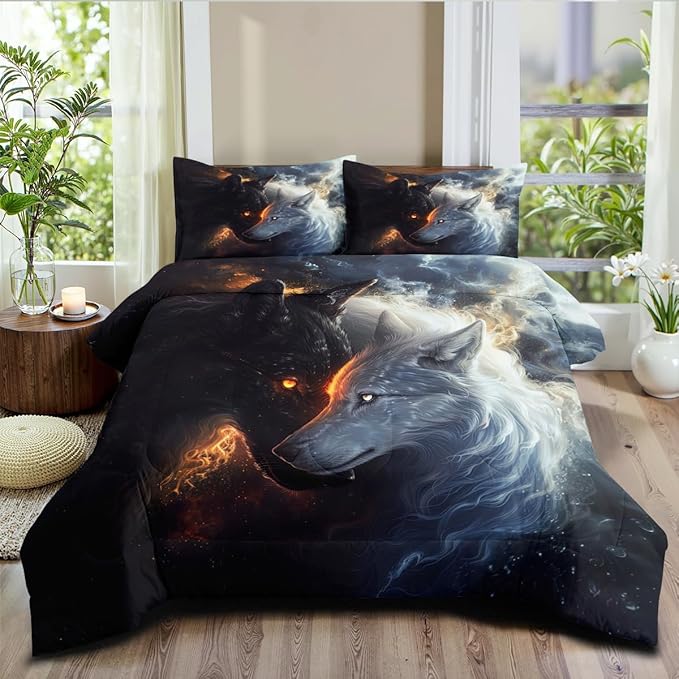 Animal Print Comforter Set Full Wolf Bedding Set for Boys & Kids Soft Lightweight Down Comforter with 2 Pillowcases