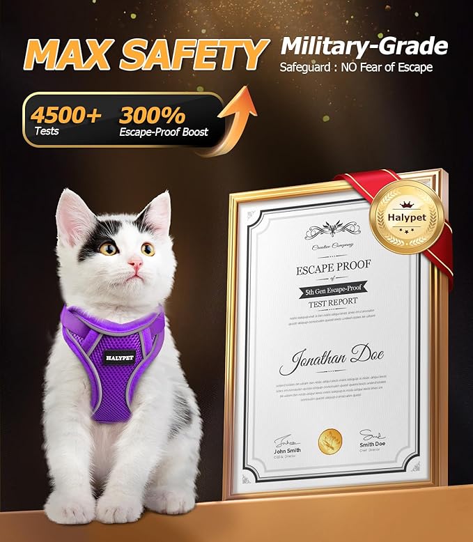 Halypet Cat Harness and Leash Set [MAX Safety 4th-Gen Upgrade] Escape Proof Adjustable Cat Leash Comfortable Soft Vest Easy to Wear Kitten Harness with Reflective Strip for Cats Walking, M Purple
