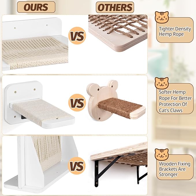 Cat Hammock Cat Wall Shelves with 3 Cat Wall Steps, Wall Mounted Cat Shelves and Perches with Hemp Rope Scratching, Cat Wall Furniture Climbing Shelves for Indoor Cats, Cat Bed and Stairs Set for Gift