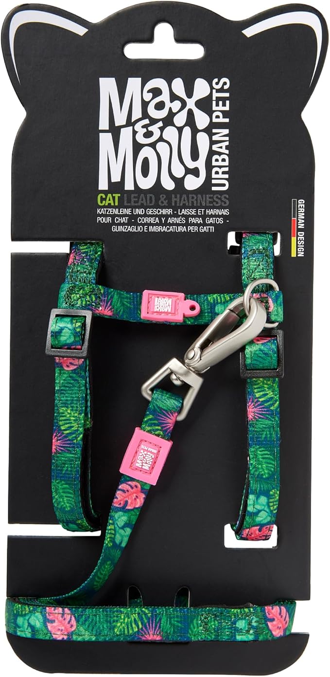 Max and Molly Adjustable Cat Harness and Leash Set - Escape-Proof Cat Harness with Leash for Outdoor Walking and Exploring, Soft Padded Double Stitched Fabric (Tropical)