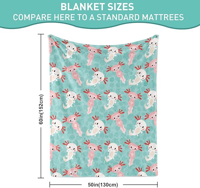 Axolotls Blanket Axolotl Present Soft Flannel Lightweight Axolotl Throw Blanket for Kids Girls Boys All Season Cartoon Salamander Blankets for Sofa Couch Bed Decorative Axolotls Green Blanket