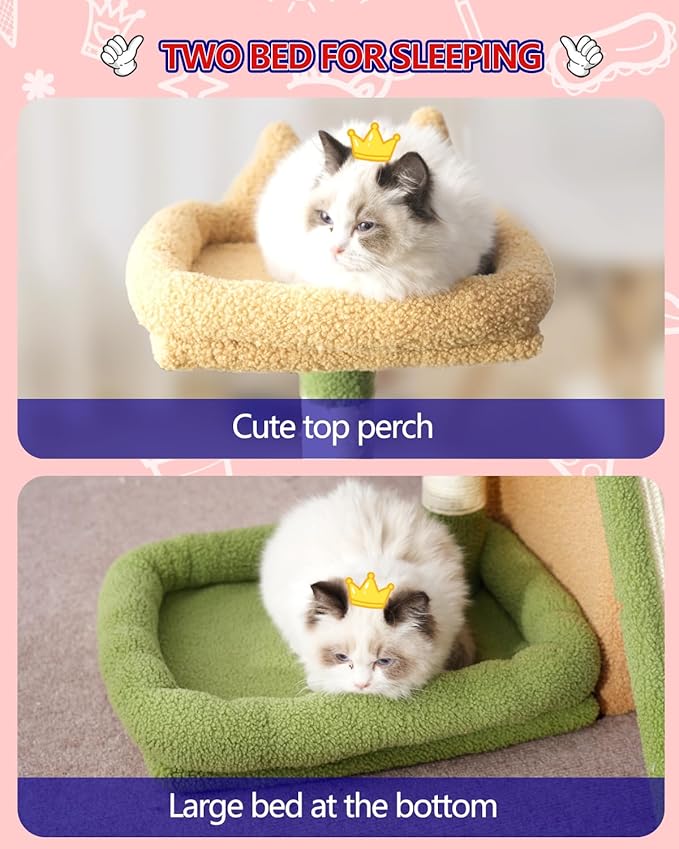 Cat Tree, Cat Tower with condo, Basket, Large Bed, Platform, Scratch Board, Cat Scratching Posts for Indoor Cats, Green and Yellow GCT002SGY