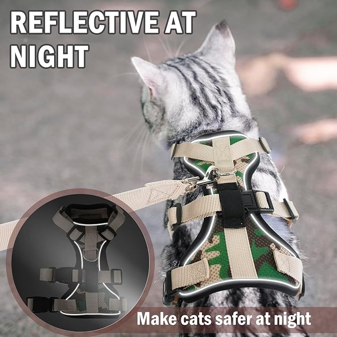 PUPTECK Cat Harness and Leash Set Escape Proof for Walking, Breathable Mash Vest Adjustable Harness for Cats Puppy Small Animals, Reflective at Night, Camouflage Small