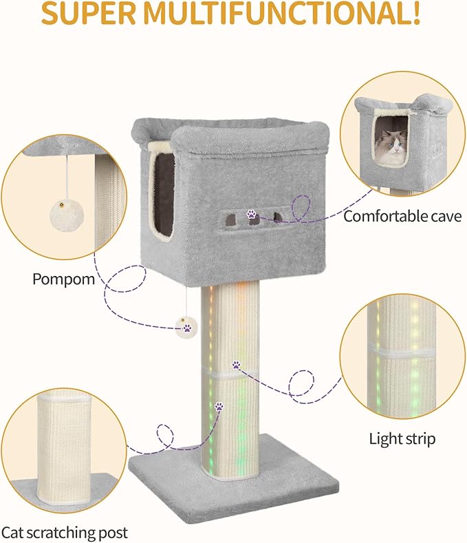 39-Inch Cat Scratching Post Tower with Bed, Cat Tower with LED Light Strip, Cat Scratcher Post with Woven Sisal, Condo, Pompom, Light Gray MS99018LG