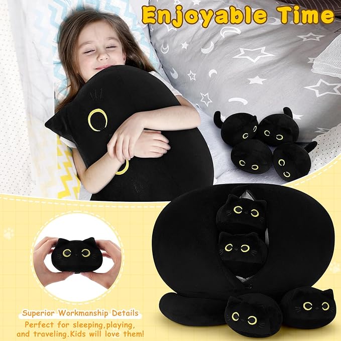 Auspicious beginning 19'' Black Cat Plush 5PCS Cat Family PlushToys,Cute Black Cat Mommy Cat with 4 Baby Kittens Cat Plushies for Kids, Kawaii Birthday Gifts for Kids Boys Girls